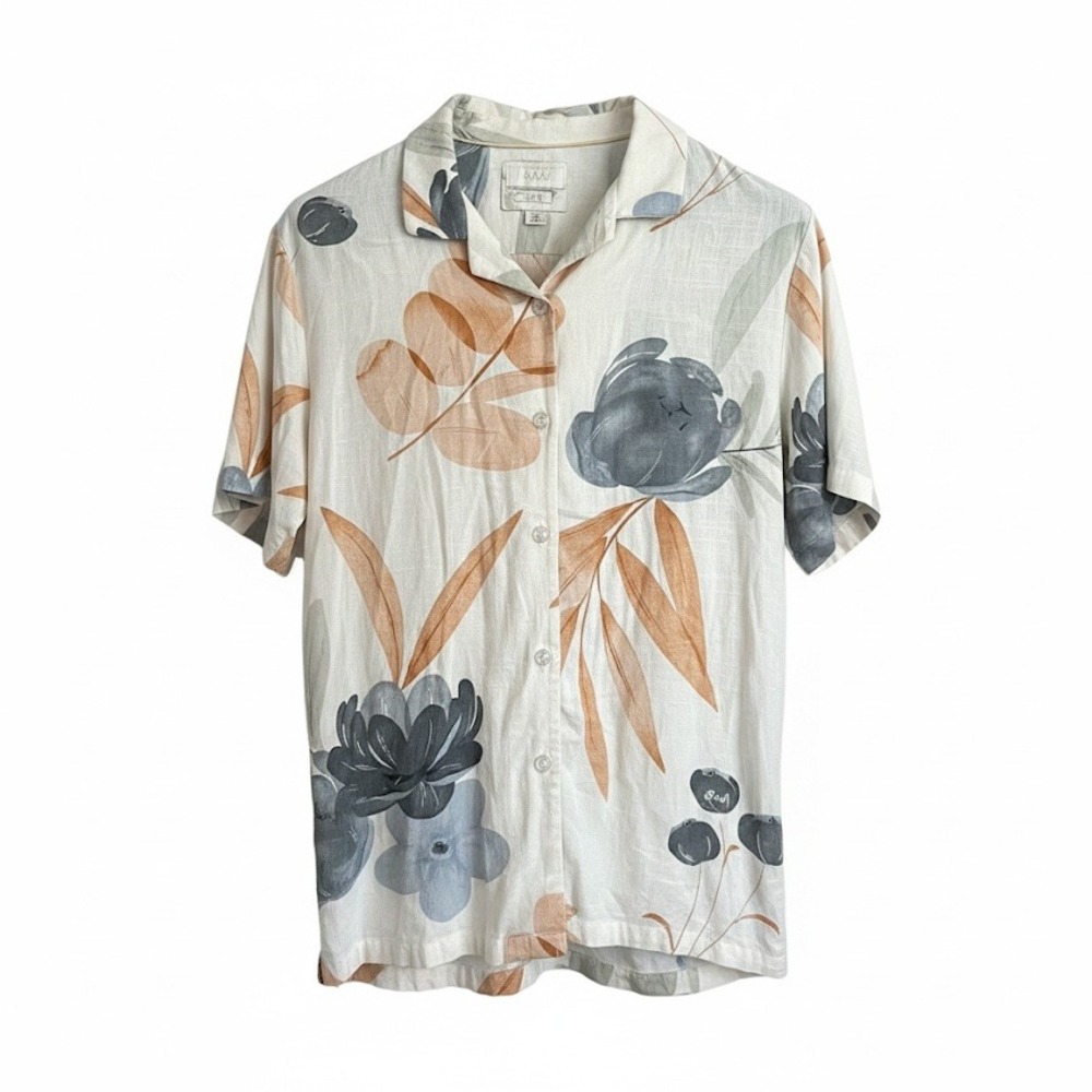 Porter & Ash Mens Linen Blend Floral Short Sleeve Camp Shirt Cream Blue XL